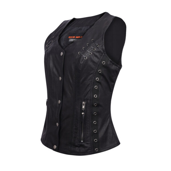 High Mileage Women's Black Premium Soft Goatskin Leather Vest With Twill Lace and Grommet Highlights - Image 6