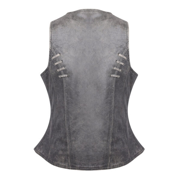 High Mileage Women's Distressed Gray Premium Soft Goatskin Leather Vest With Twill Lace and Grommet Highlights - Image 7