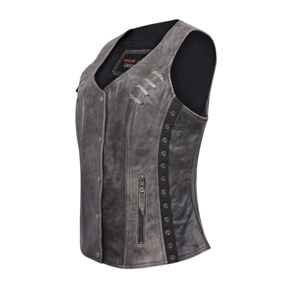 High Mileage Women's Distressed Gray Premium Soft Goatskin Leather Vest With Twill Lace and Grommet Highlights - Image 6