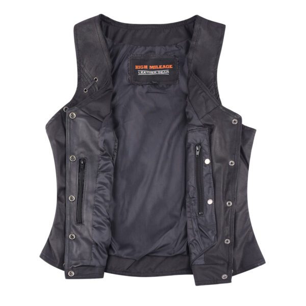 High Mileage Women's Black Premium Soft Goatskin Leather Vest With Twill Lace and Grommet Highlights - Image 7