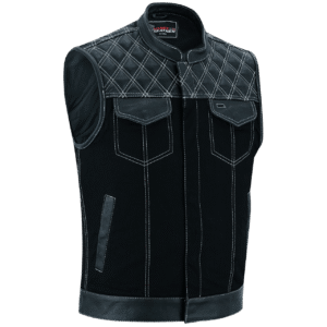 Men's Denim & Leather Motorcycle Vest with Conceal Carry Pockets and White Stitching