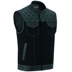 Men's Denim & Leather Motorcycle Vest with Conceal Carry Pockets and Green Stitching.