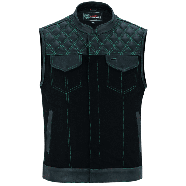 Men's Denim & Leather Motorcycle Vest with Conceal Carry Pockets and Green Stitching. - Image 2