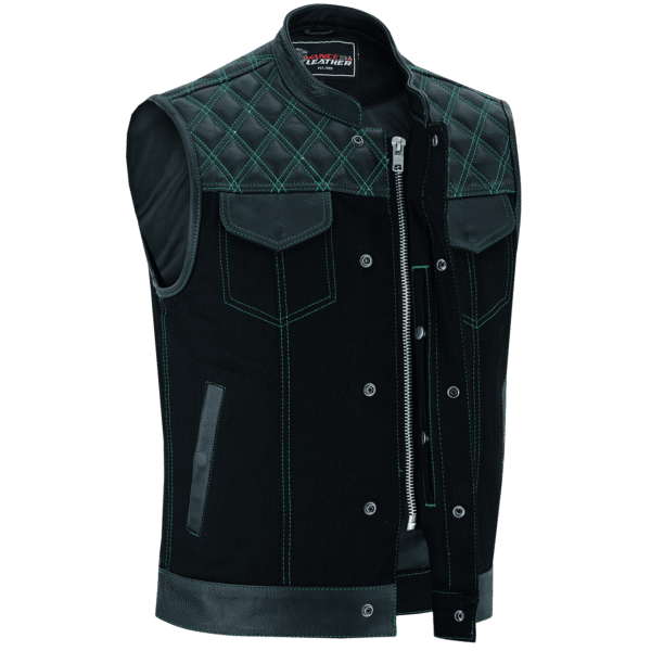 Men's Denim & Leather Motorcycle Vest with Conceal Carry Pockets and Green Stitching. - Image 3