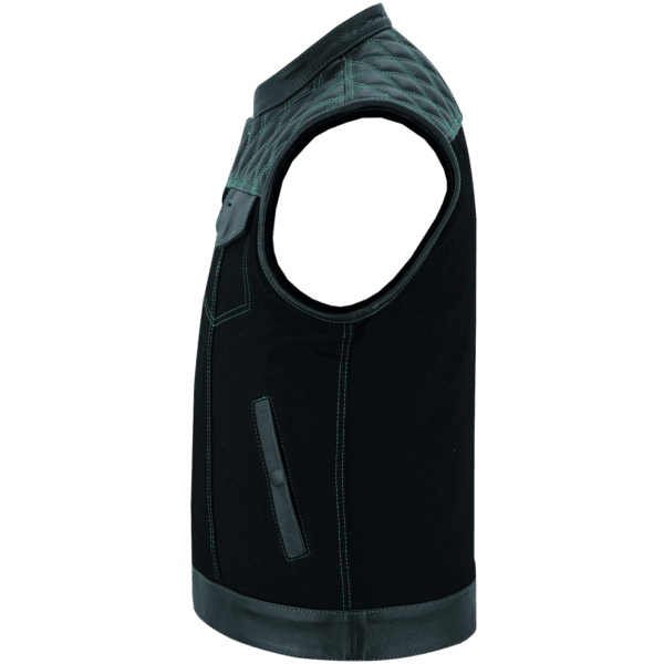 Men's Denim & Leather Motorcycle Vest with Conceal Carry Pockets and Green Stitching. - Image 4