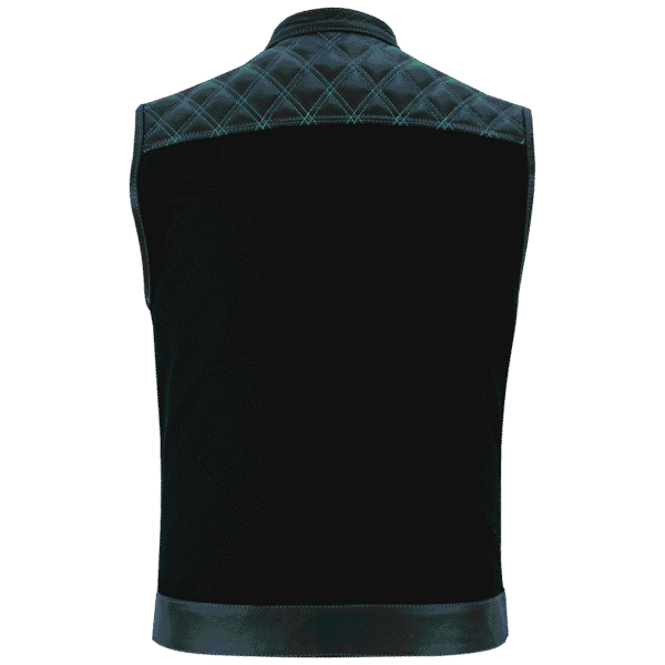 Men's Denim & Leather Motorcycle Vest with Conceal Carry Pockets and Green Stitching. - Image 5