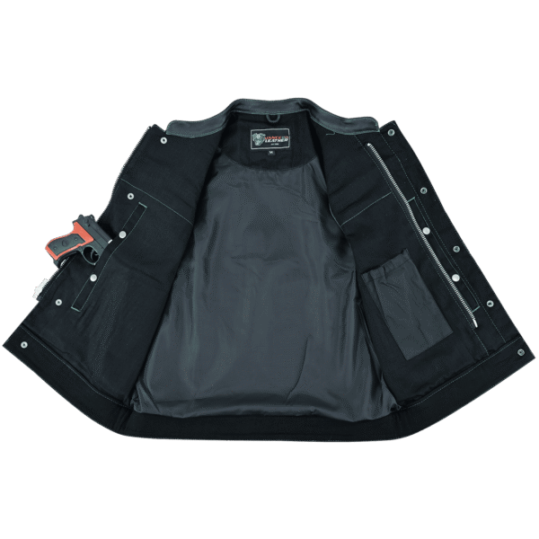 Men's Denim & Leather Motorcycle Vest with Conceal Carry Pockets and Green Stitching. - Image 6