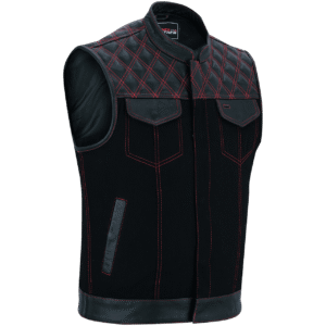 Men's Denim & Leather Motorcycle Vest with Conceal Carry Pockets and Red Stitching.