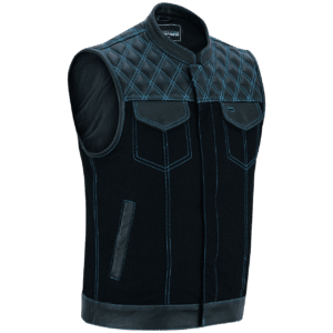 Men's Denim & Leather Motorcycle Vest with Conceal Carry Pockets and Blue Stitching