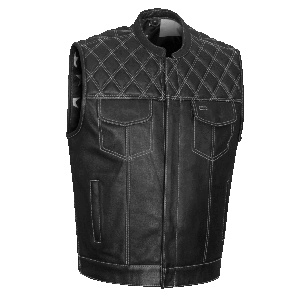 High Mileage Mens Zipper and Snap Closure Leather Club Vest with American Flag Liner White Stitching - Image 2