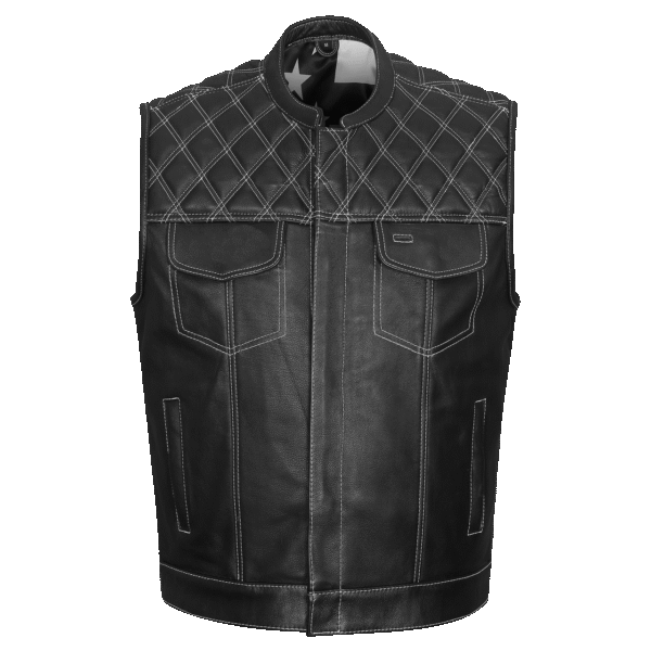 High Mileage Mens Zipper and Snap Closure Leather Club Vest with American Flag Liner White Stitching - Image 3