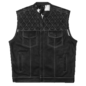 High Mileage Mens Zipper and Snap Closure Leather Club Vest with American Flag Liner White Stitching