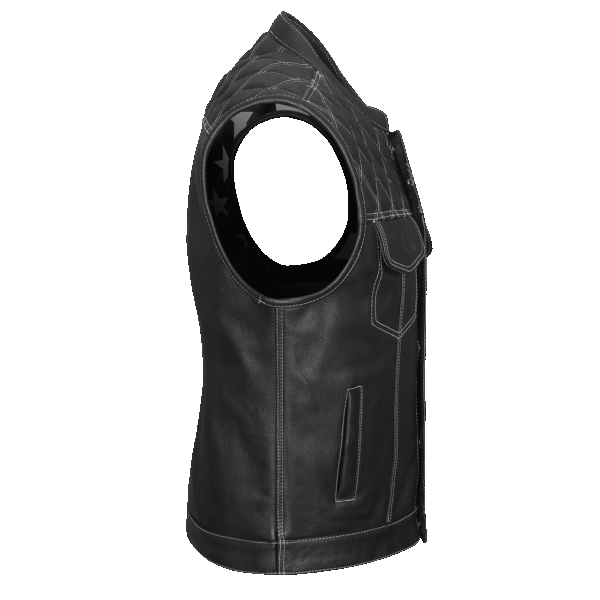 High Mileage Mens Zipper and Snap Closure Leather Club Vest with American Flag Liner White Stitching - Image 5