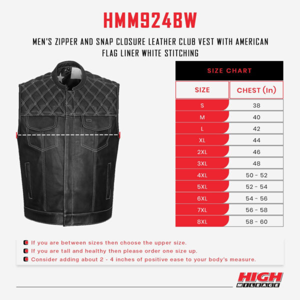 High Mileage Mens Zipper and Snap Closure Leather Club Vest with American Flag Liner White Stitching - Image 7