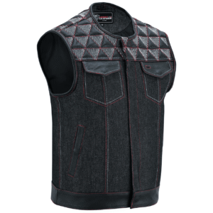Men's Denim & Leather Motorcycle Vest with Conceal Carry Pockets, SOA Biker Club Vest Red & White Stitching
