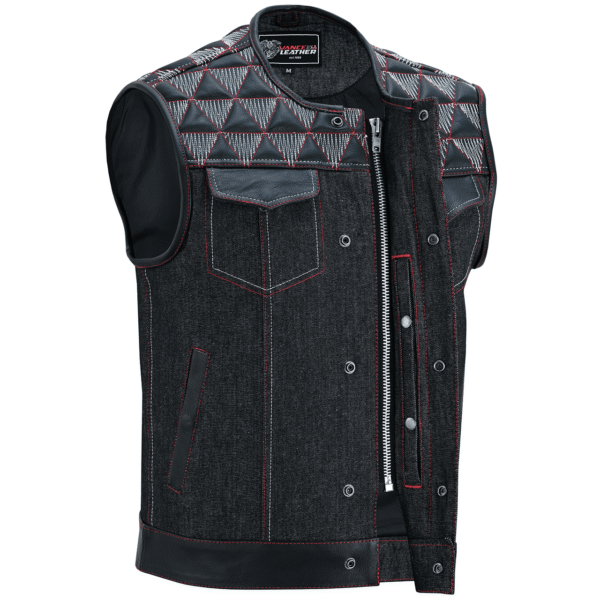 Men's Denim & Leather Motorcycle Vest with Conceal Carry Pockets, SOA Biker Club Vest Red & White Stitching - Image 3