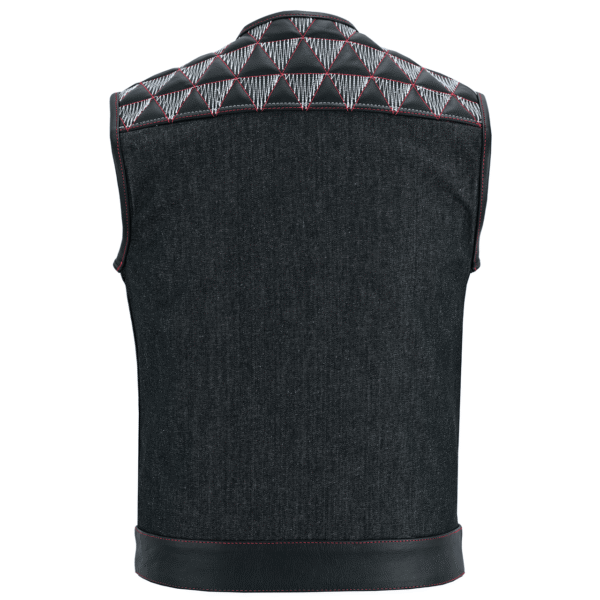 Men's Denim & Leather Motorcycle Vest with Conceal Carry Pockets, SOA Biker Club Vest Red & White Stitching - Image 4