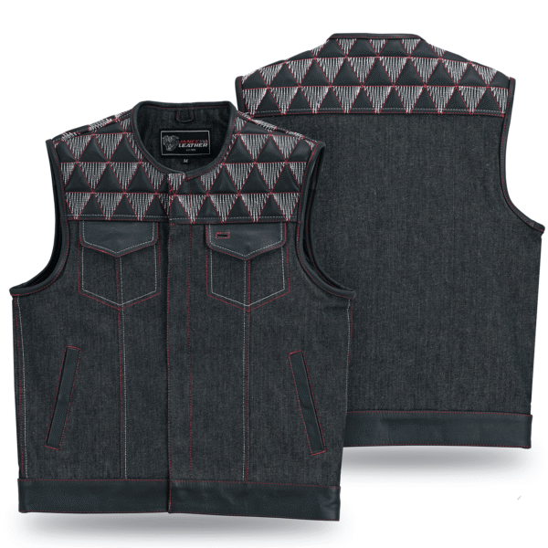 Men's Denim & Leather Motorcycle Vest with Conceal Carry Pockets, SOA Biker Club Vest Red & White Stitching - Image 5