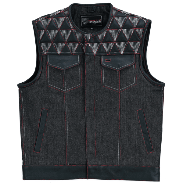 Men's Denim & Leather Motorcycle Vest with Conceal Carry Pockets, SOA Biker Club Vest Red & White Stitching - Image 6