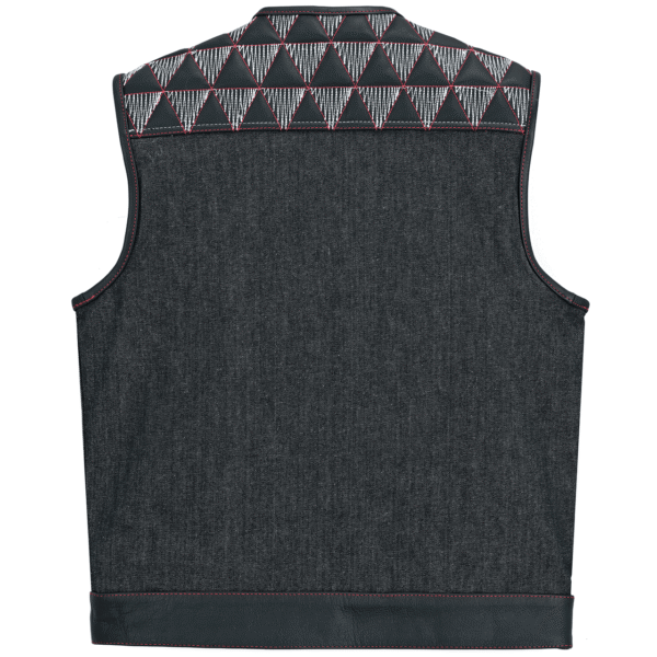 Men's Denim & Leather Motorcycle Vest with Conceal Carry Pockets, SOA Biker Club Vest Red & White Stitching - Image 7
