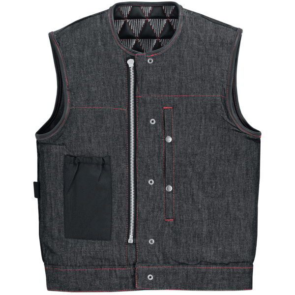 Men's Denim & Leather Motorcycle Vest with Conceal Carry Pockets, SOA Biker Club Vest Red & White Stitching - Image 8