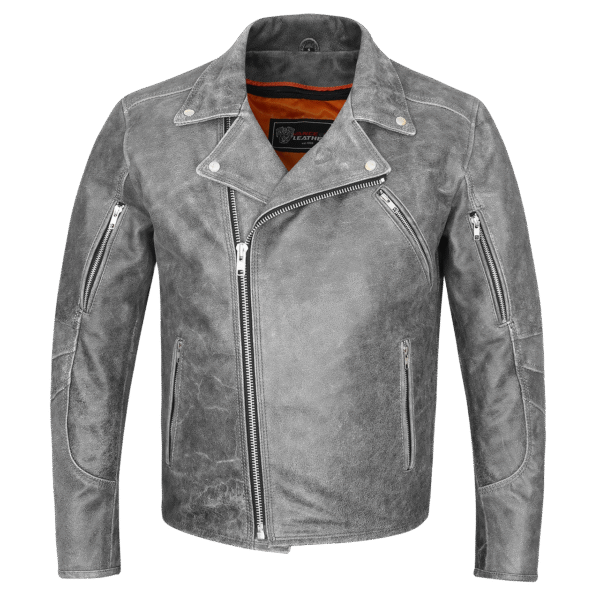 High Mileage Mens Beltless Dual Conceal Carry Distressed Gray Premium Cowhide Leather Biker Motorcycle Jacket - Image 7