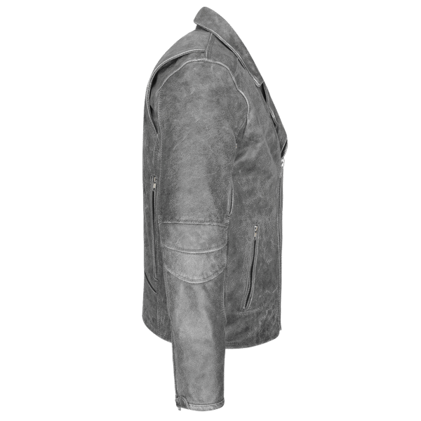 High Mileage Mens Beltless Dual Conceal Carry Distressed Gray Premium Cowhide Leather Biker Motorcycle Jacket - Image 6