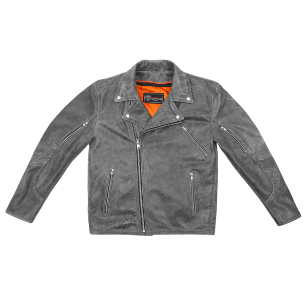 High Mileage Mens Beltless Dual Conceal Carry Distressed Gray Premium Cowhide Leather Biker Motorcycle Jacket - Image 5