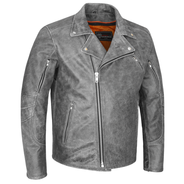 High Mileage Mens Beltless Dual Conceal Carry Distressed Gray Premium Cowhide Leather Biker Motorcycle Jacket