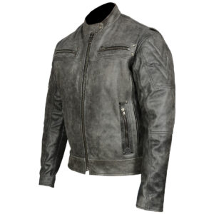 Mens Distressed Gray Premium Cowhide Vented and Padded Biker Scooter Jacket