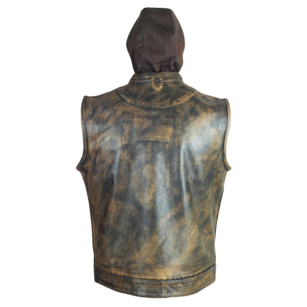 High Mileage Mens Premium Cowhide Distressed Brown SOA Style Biker Club Leather Motorcycle Vest With Hoodie - Image 3