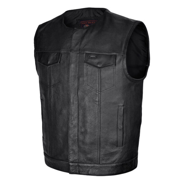 High Mileage Men's Black Premium Cowhide Leather SOA Style Club Vest With Quick Access Conceal Carry Pocket - Image 3