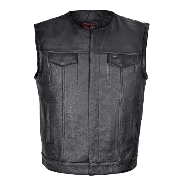 High Mileage Men's Black Premium Cowhide Leather SOA Style Club Vest With Quick Access Conceal Carry Pocket