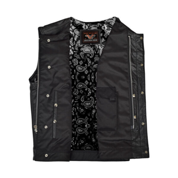 High Mileage Mens Black Paisley Design Liner Premium Cowhide Leather SOA Style Club Vest With Quick Access Conceal Carry Pocket - Image 2