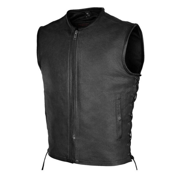 High Mileage Mens Black Premium Cowhide Front Zipper Closure Biker Motorcycle Leather Vest - Image 2