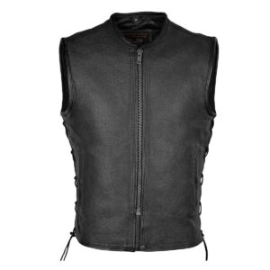 High Mileage Mens Black Premium Cowhide Front Zipper Closure Biker Motorcycle Leather Vest