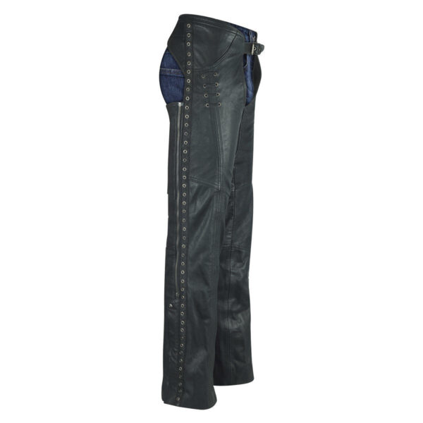 High Mileage Womens Black Premium Top Grain Goatskin Lady Biker Motorcycle Leather Chaps with Grommeted Twill and Lace - Image 2