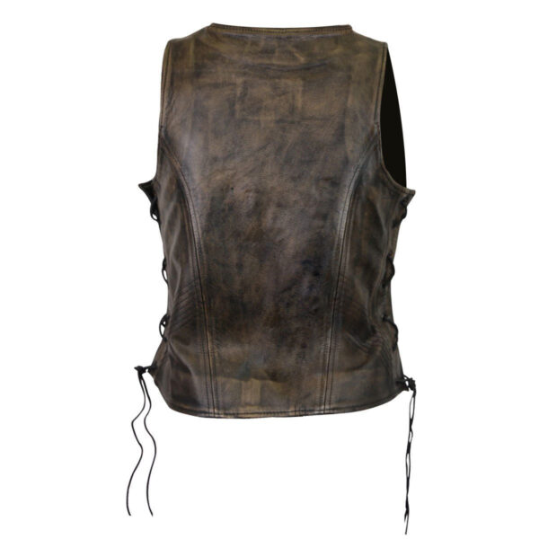 High Mileage Women's Vintage Distressed Brown Lace Side Zipper Pocket Premium Cowhide Leather Motorcycle Vest - Image 2