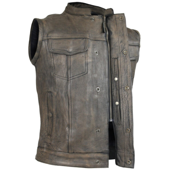 High Mileage Mens Premium Cowhide Distressed Brown SOA Style Biker Club Leather Motorcycle Vest - Image 4