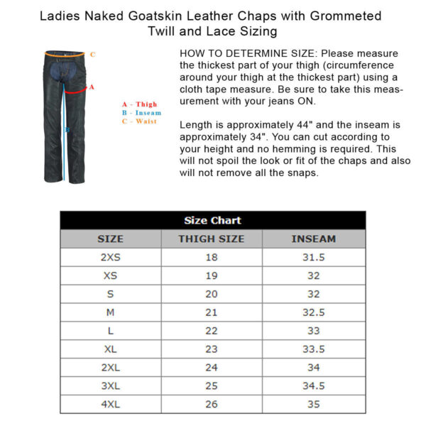 High Mileage Womens Black Premium Top Grain Goatskin Lady Biker Motorcycle Leather Chaps with Grommeted Twill and Lace - Image 5
