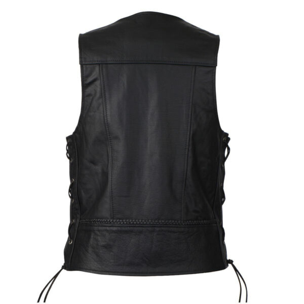 Men's Black Straight Bottom Motorcycle Leather Vest With Buffalo Nickel Snaps - Image 2