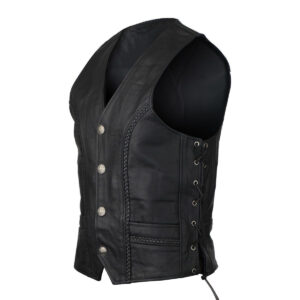 Men's Black Straight Bottom Motorcycle Leather Vest With Buffalo Nickel Snaps