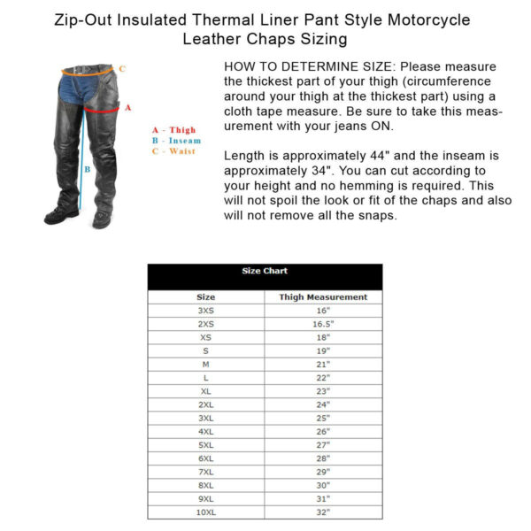 Vance Leather Unisex Black Zip-out Insulated Pants Style Biker Leather Motorcycle Chaps - Image 2