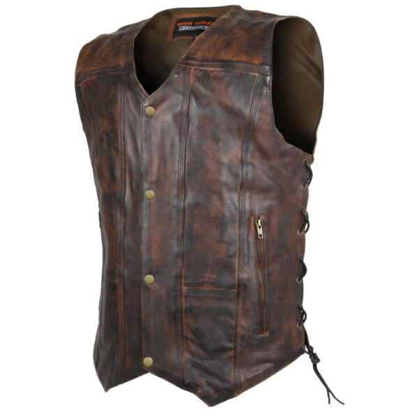 High Mileage Mens Vintage Brown Premium Cowhide Ten Pocket Leather Motorcycle Vest - Image 3