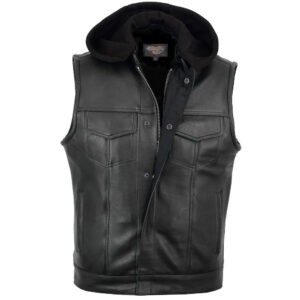Vance Mens Black Premium Cowhide Leather Motorcycle Biker SOA Style Club Vest with Hoodie