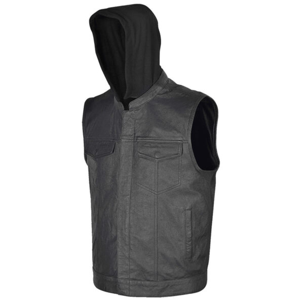 Vance Mens Black Premium Cowhide Leather Motorcycle Biker SOA Style Club Vest with Hoodie - Image 3