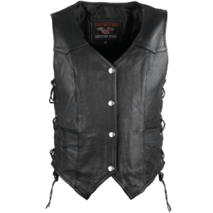 High Mileage Womens Black Premium Cowhide Lace Side Biker Leather Vest