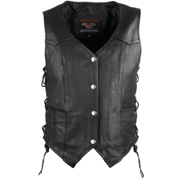 High Mileage Womens Black Premium Cowhide Lace Side Biker Leather Vest