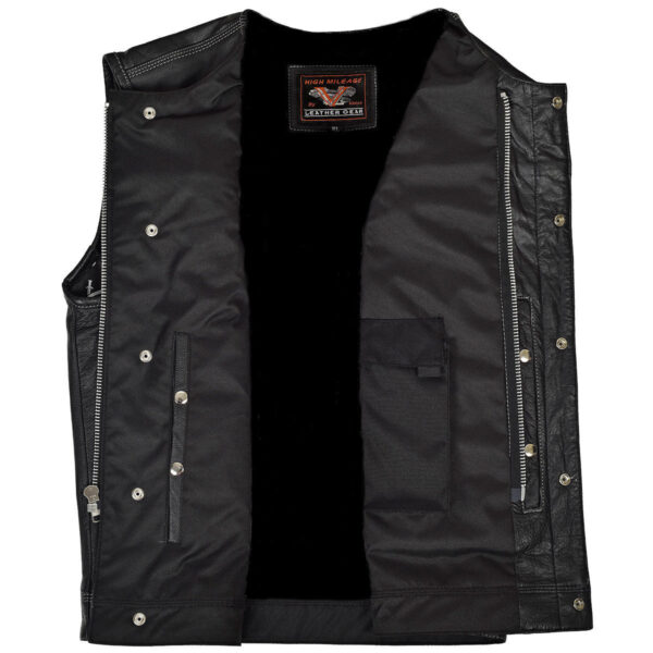 Vance Mens Black Premium Cowhide Leather Biker Motorcycle Vest With Quick Access Conceal Carry Pockets and Gray Stitching - Image 2