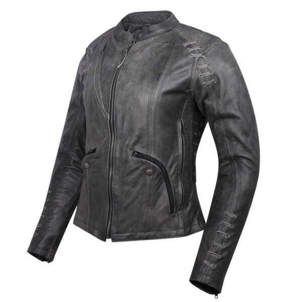 High Mileage Women's Lace and Grommet Detail Distressed Gray Goat Skin Leather Lady Biker Motorcycle Fashion Jacket - Image 2